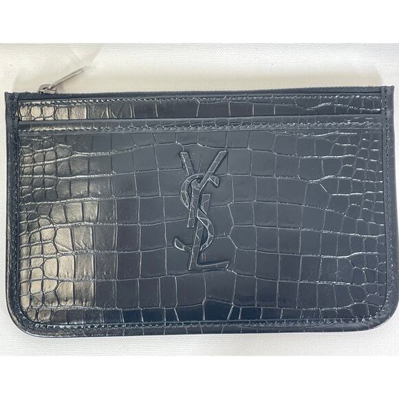 NEW! SAINT LAURENT CROC BLACK LEATHER ZIP YSL POUCH BAG WALLET CARD HOLDER BOX! - Picture 7 of 8